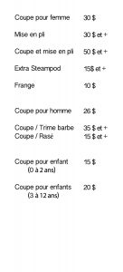 Prix coupe et mise en pli - Studio B Coupe pour femme Mise en pli Coupe et mise en pli Extra Steampod Frange Coupe pour homme Coupe / Trime barbe Coupe / Rasé Coupe pour enfants